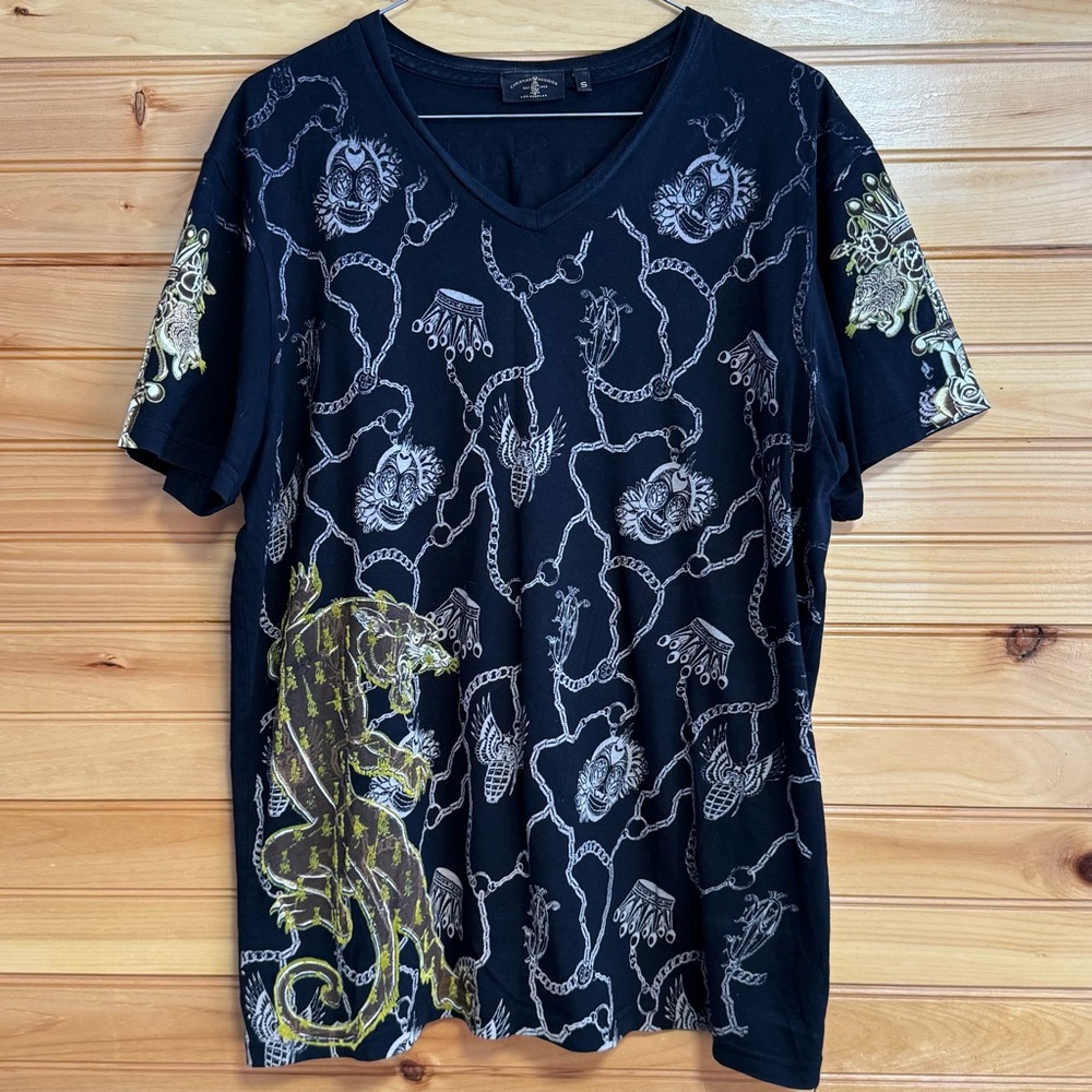 Christian Audigier V Neck Black and Gold Tigers and Chains Y2K Size Small